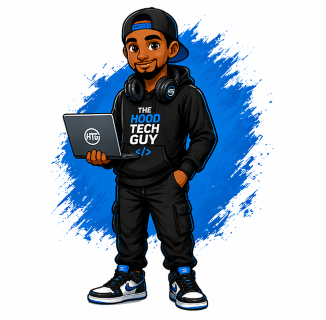 The Hood Tech Guy character standing with laptop