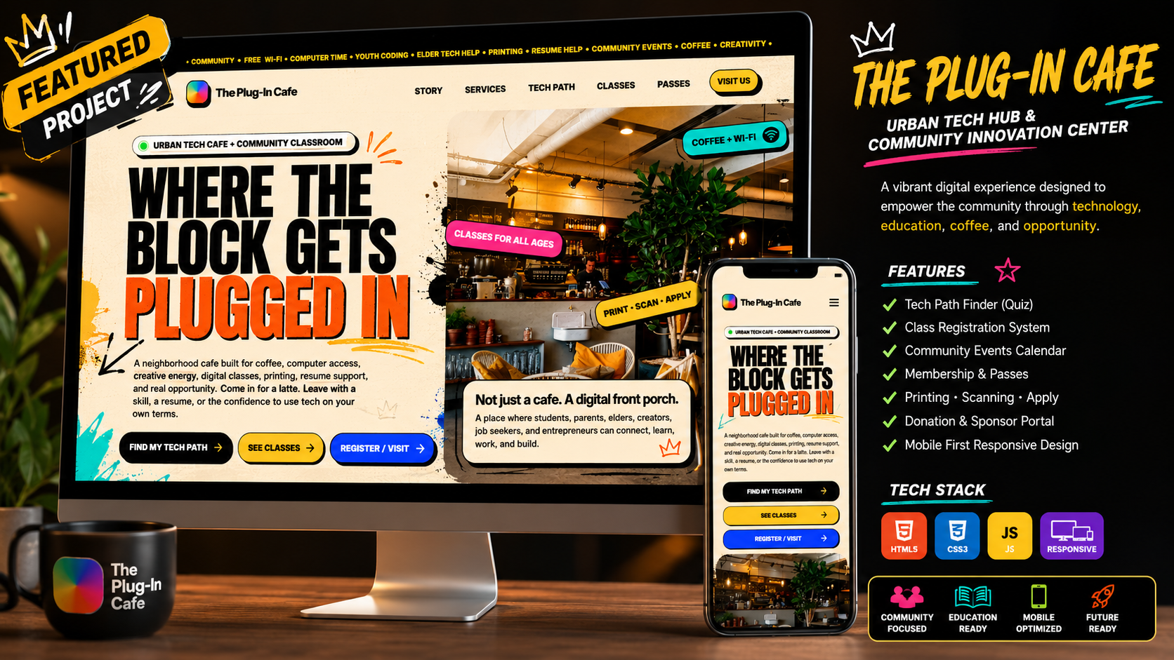 The Plug-In Cafe - Urban Tech Hub & Community Cafe website showcase